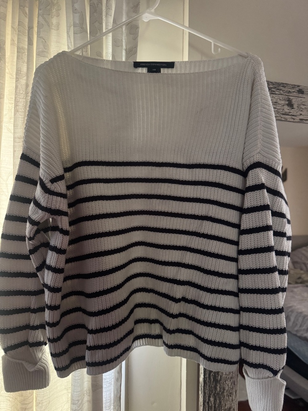 French Connection Off-the-Shoulder Striped Sweater - Cream & Black